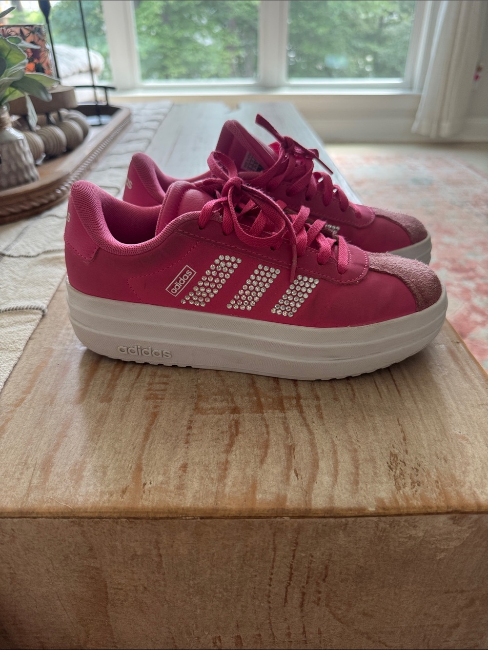 adidas Pink Platform Sneakers with Rhinestone Stripes